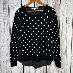 Veronica Beard Black White Polka Dot Mixed Media Sweater Georgette Top Large